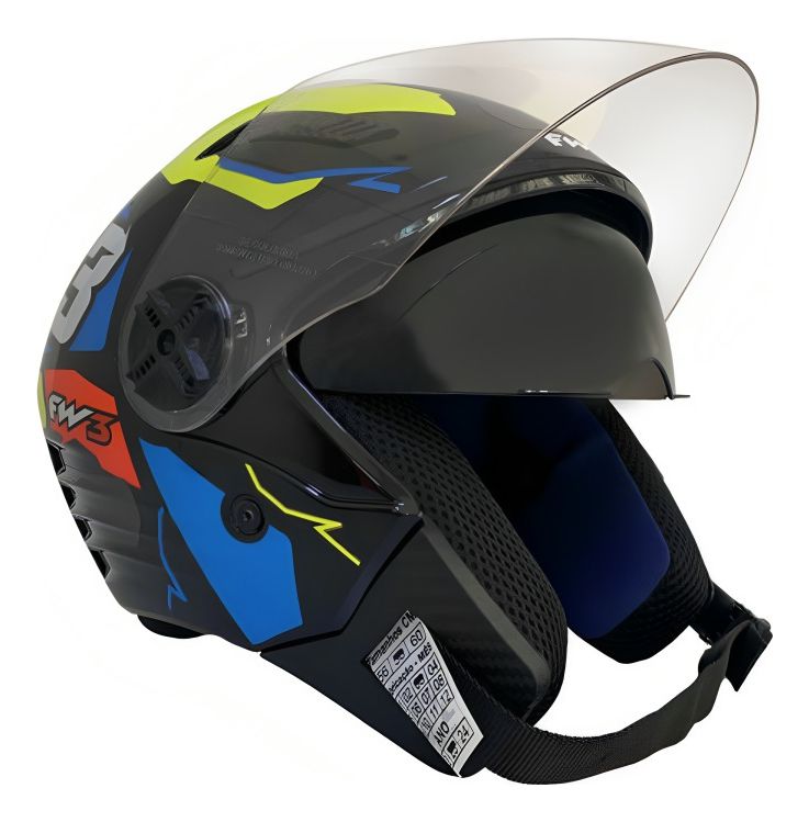 Capacete Para Moto X Open Up 43 Amarelo e Azul Aberto Com Óculos