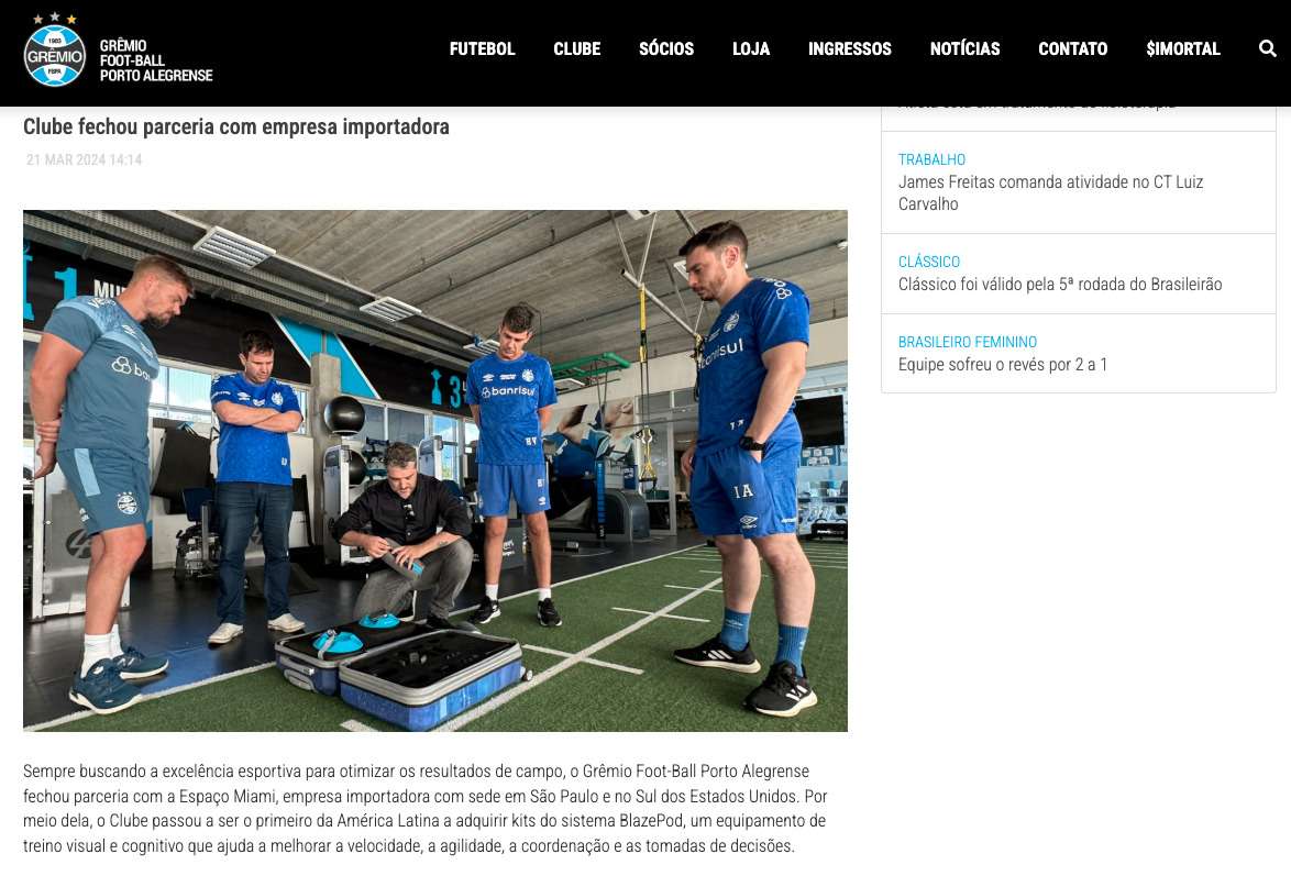 Notícia no site do Grêmio