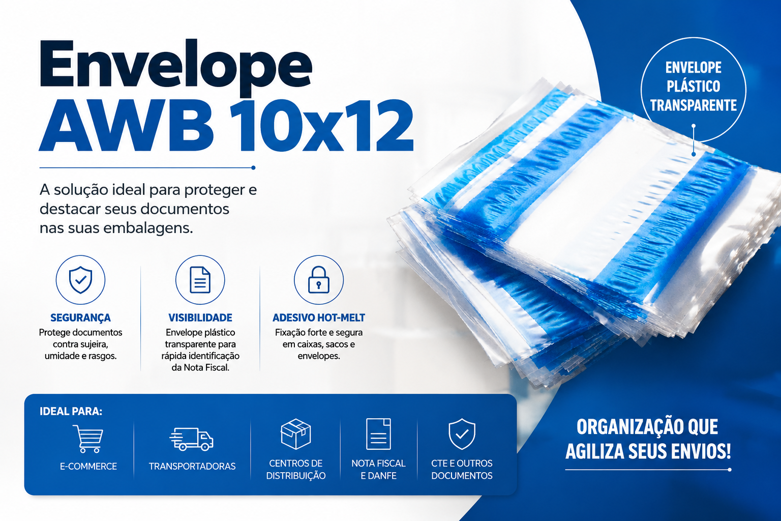 Envelope AWB 10x12 plástico transparente com adesivo hot-melt para Nota Fiscal e DANFE