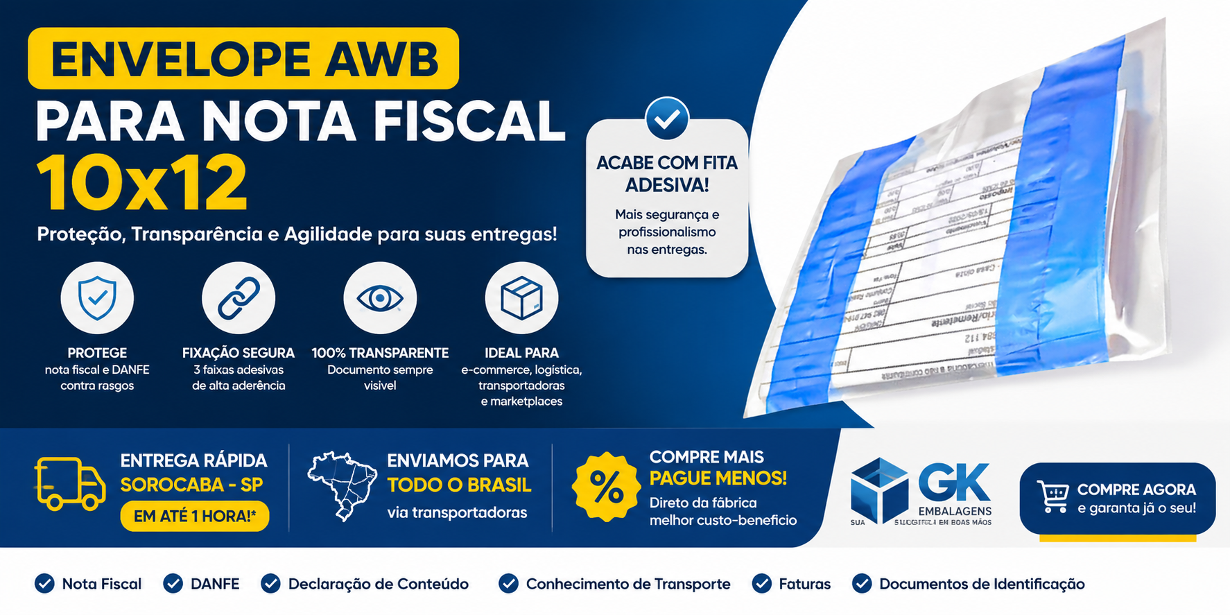 Envelope AWB para Nota Fiscal 10x12 em Sorocaba SP | Entrega rápida | GK Embalagens