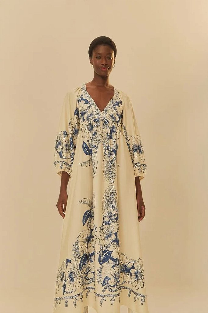 FARM VESTIDO LONGO ESTAMPADO BRILHO TROPICAL MELEVALOGO