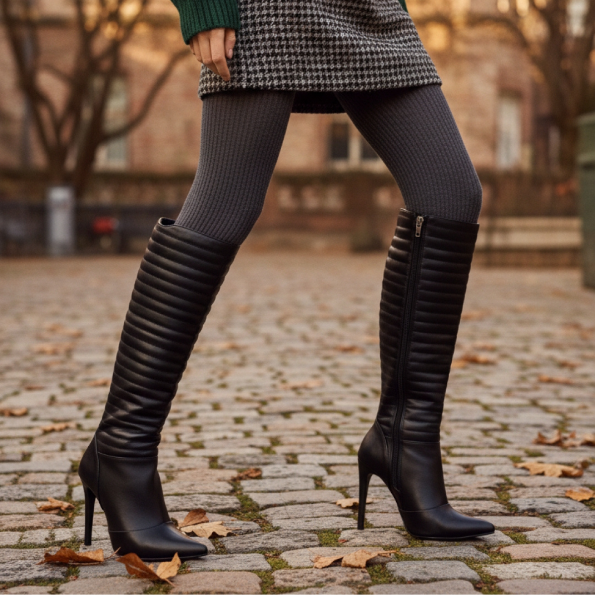 Bota feminina cano alto preta em napa com acabamento matelassê. Modelo com salto fino de 12 cm, zíper lateral e forro cacharrel confortável. Ideal para looks sofisticados.