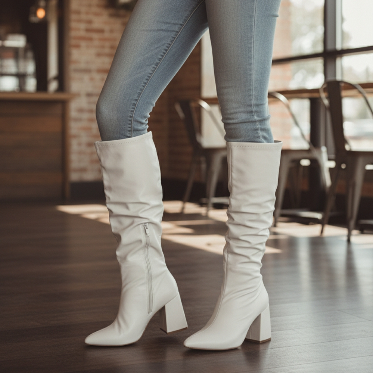 Transforme seu look com a Bota Franzida Cano Alto Off White Torricella.  Design sofisticado em napa, salto de 9cm e conforto premium. Garanta a sua na AVS Global!
