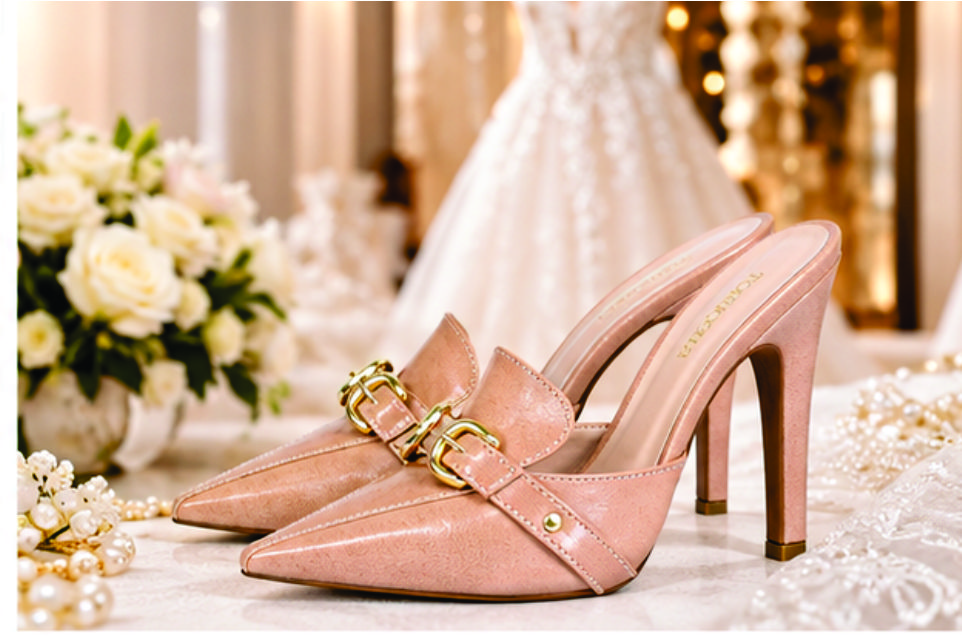 Sapato scarpin mule feminino de bico fino e salto alto revestido em napa rosé Torricella, com detalhe de fivelas douradas no cabedal na beira de uma piscina ao pôr do sol.04