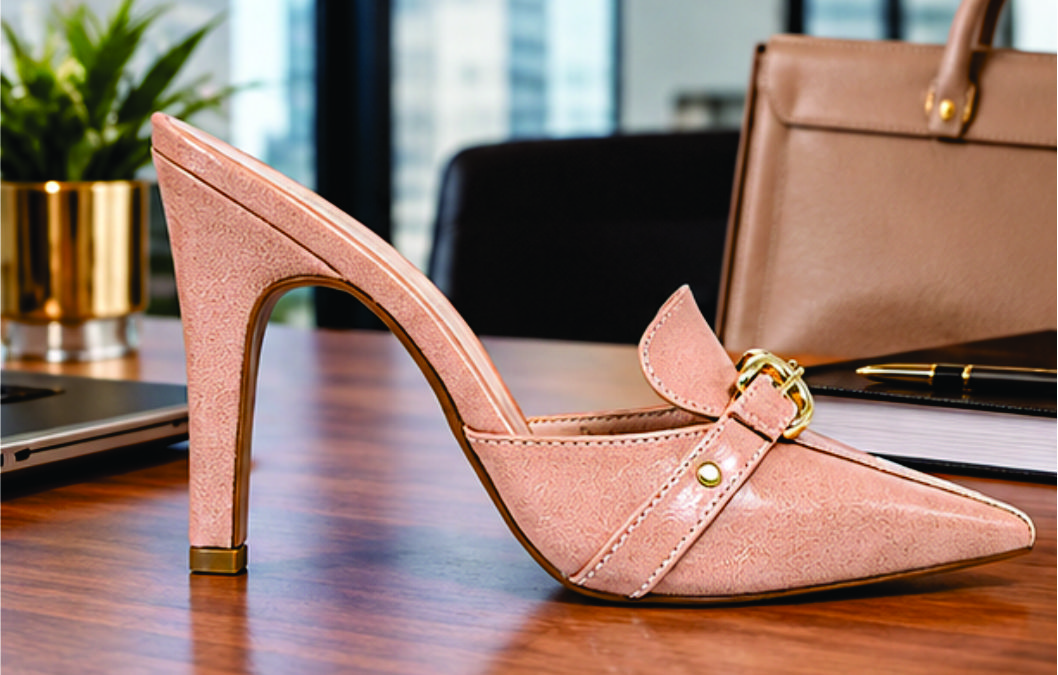 Sapato scarpin mule feminino de bico fino e salto alto revestido em napa rosé Torricella, com detalhe de fivelas douradas no cabedal na beira de uma piscina ao pôr do sol. 02