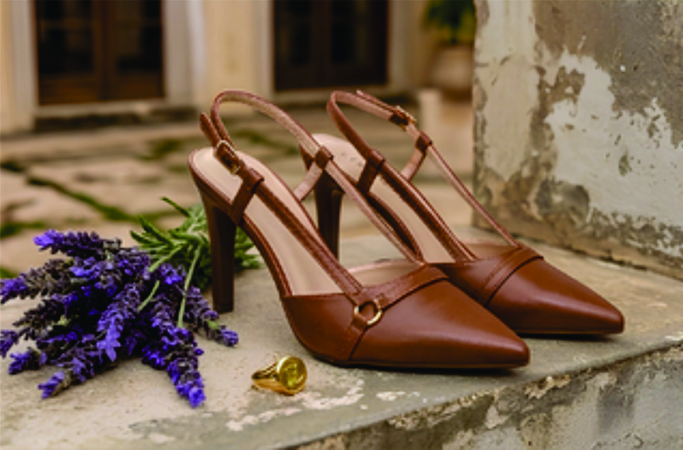 Sapato scarpin feminino modelo slingback de bico fino na cor napa Caramelo Torricella  com fivela dourada, exposto sobre uma mesa de vidro em uma galeria de arte moderna luxuosa.03