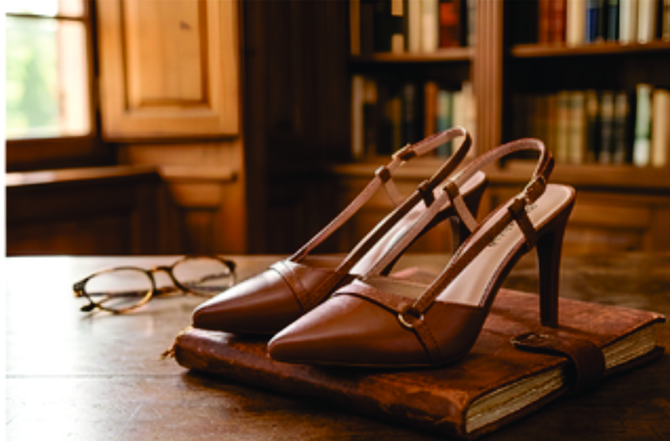 Sapato scarpin feminino modelo slingback de bico fino na cor napa Caramelo Torricella  com fivela dourada, exposto sobre uma mesa de vidro em uma galeria de arte moderna luxuosa.04