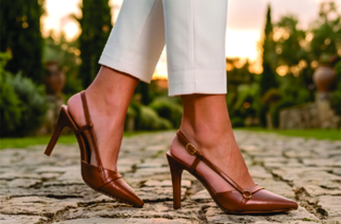 Sapato scarpin feminino modelo slingback de bico fino na cor napa Caramelo Torricella  com fivela dourada, exposto sobre uma mesa de vidro em uma galeria de arte moderna luxuosa.05