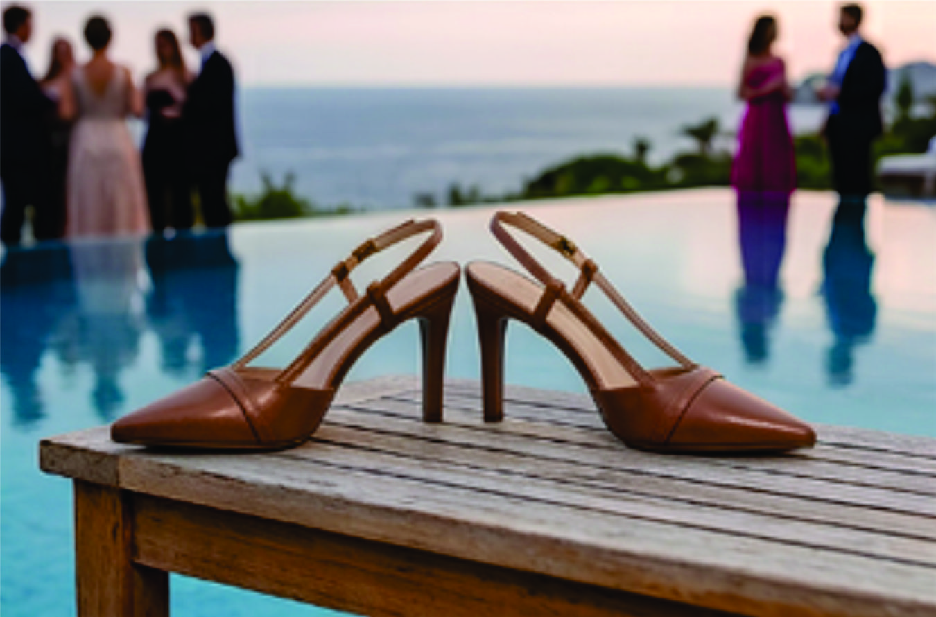 Sapato scarpin feminino modelo slingback de bico fino na cor napa Caramelo Torricella  com fivela dourada, exposto sobre uma mesa de vidro em uma galeria de arte moderna luxuosa.06