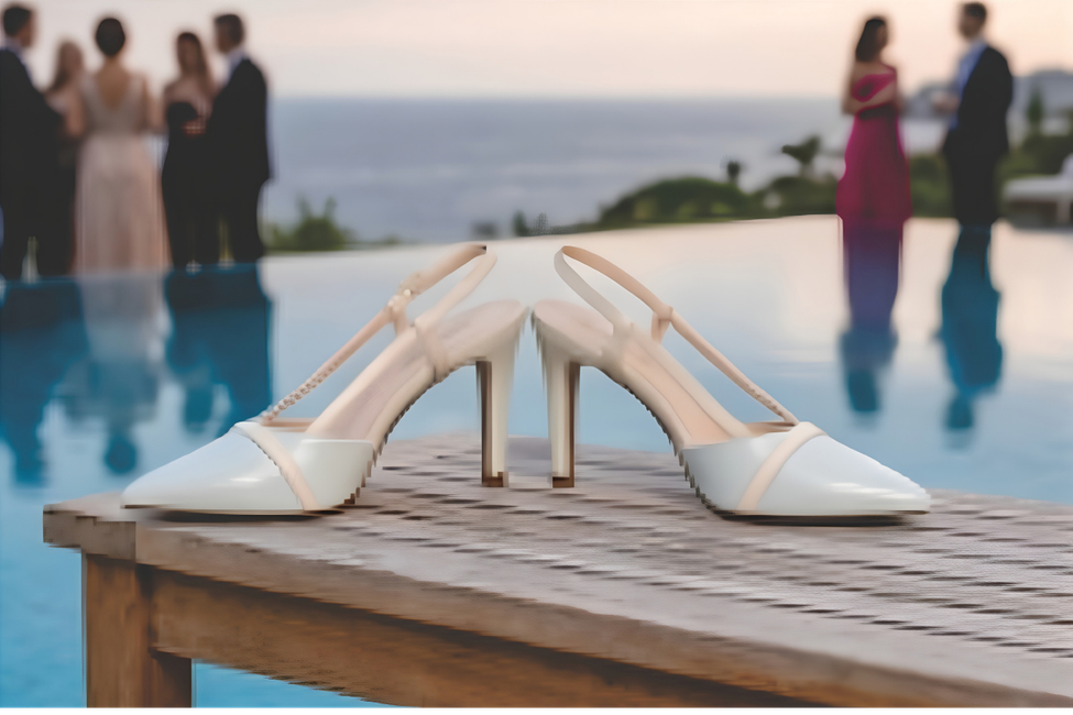 Sapato scarpin feminino modelo slingback de bico fino na cor napa auzl Torricella  com fivela dourada, exposto sobre uma mesa de vidro em uma galeria de arte moderna luxuosa.