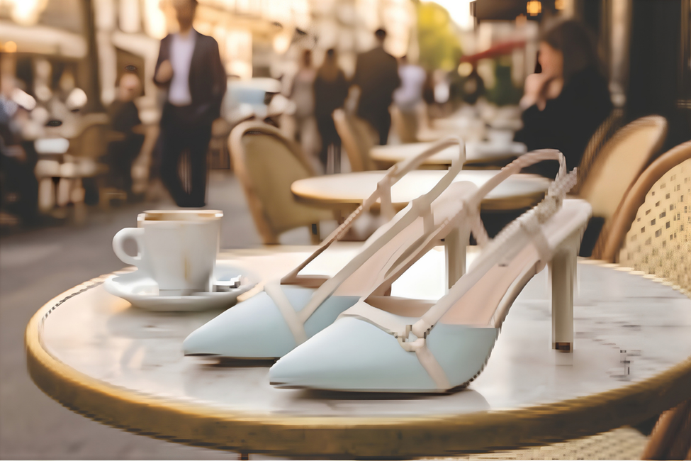 Sapato scarpin feminino modelo slingback de bico fino na cor napa auzl Torricella  com fivela dourada, exposto sobre uma mesa de vidro em uma galeria de arte moderna luxuosa.