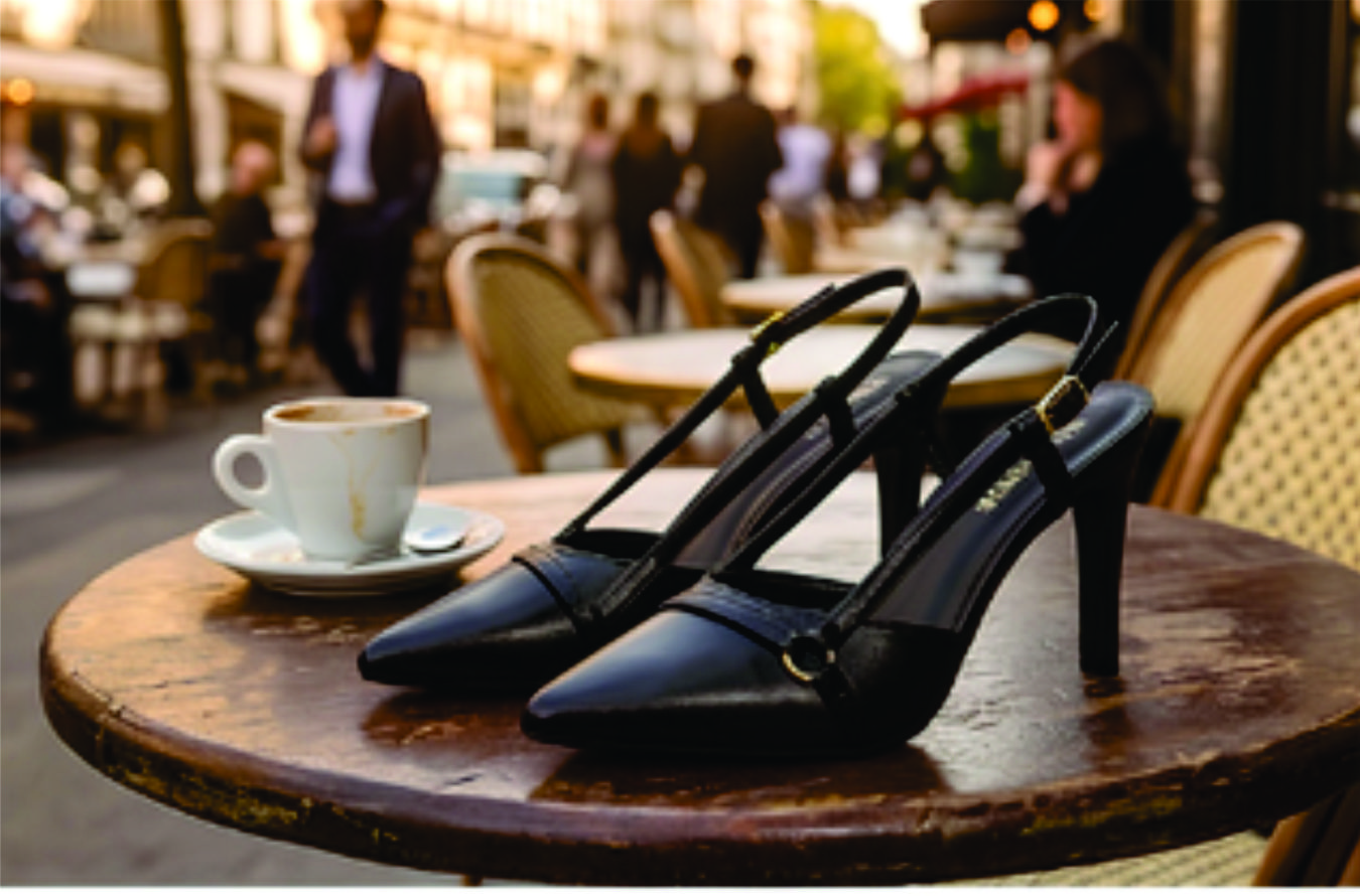 Sapato scarpin feminino modelo slingback de bico fino na cor napa Preto Torricella com fivela dourada, exposto sobre uma mesa de vidro em uma galeria de arte moderna luxuosa.