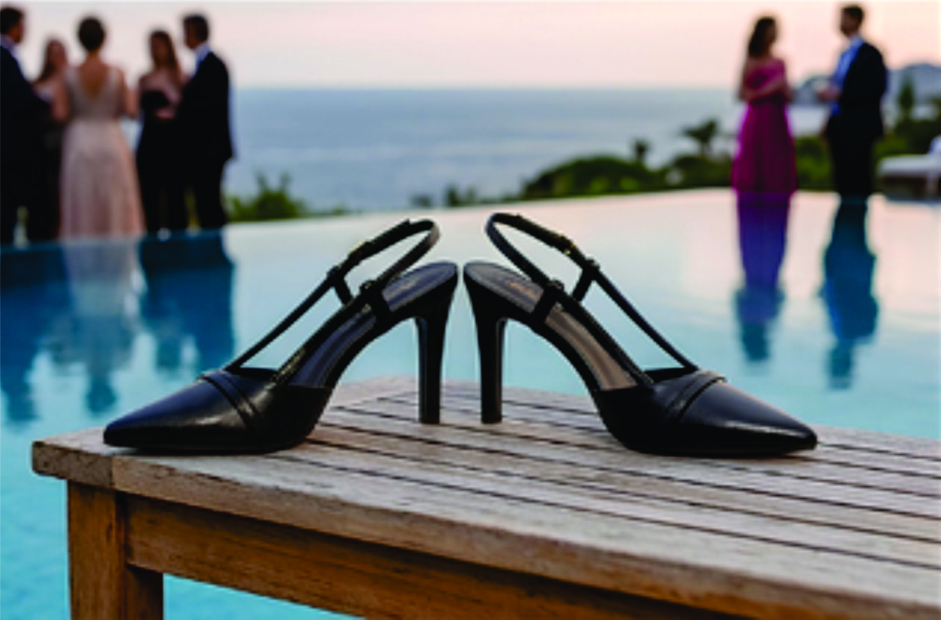 Sapato scarpin feminino modelo slingback de bico fino na cor napa Preto Torricella com fivela dourada, exposto sobre uma mesa de vidro em uma galeria de arte moderna luxuosa.