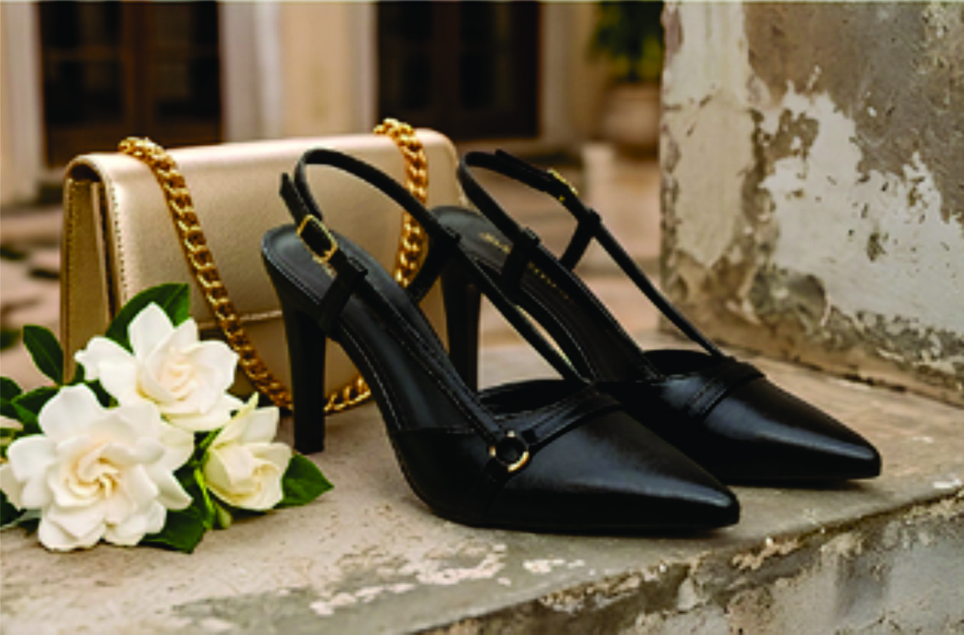 Sapato scarpin feminino modelo slingback de bico fino na cor napa Preto Torricella com fivela dourada, exposto sobre uma mesa de vidro em uma galeria de arte moderna luxuosa.