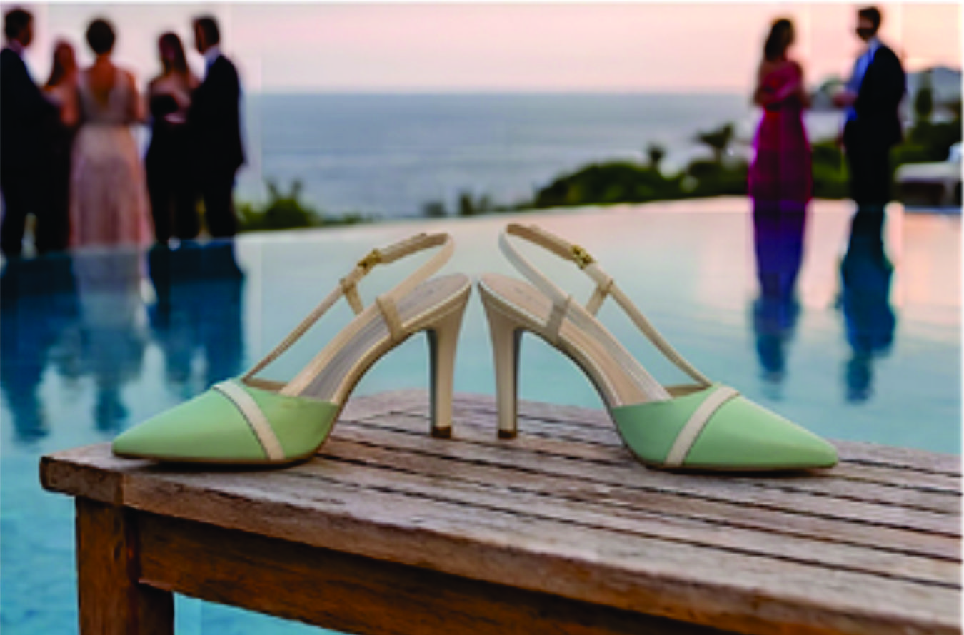 Sapato scarpin feminino modelo slingback de bico fino na cor napa Verde Torricella com fivela dourada, exposto sobre uma mesa de vidro em uma galeria de arte moderna luxuosa.