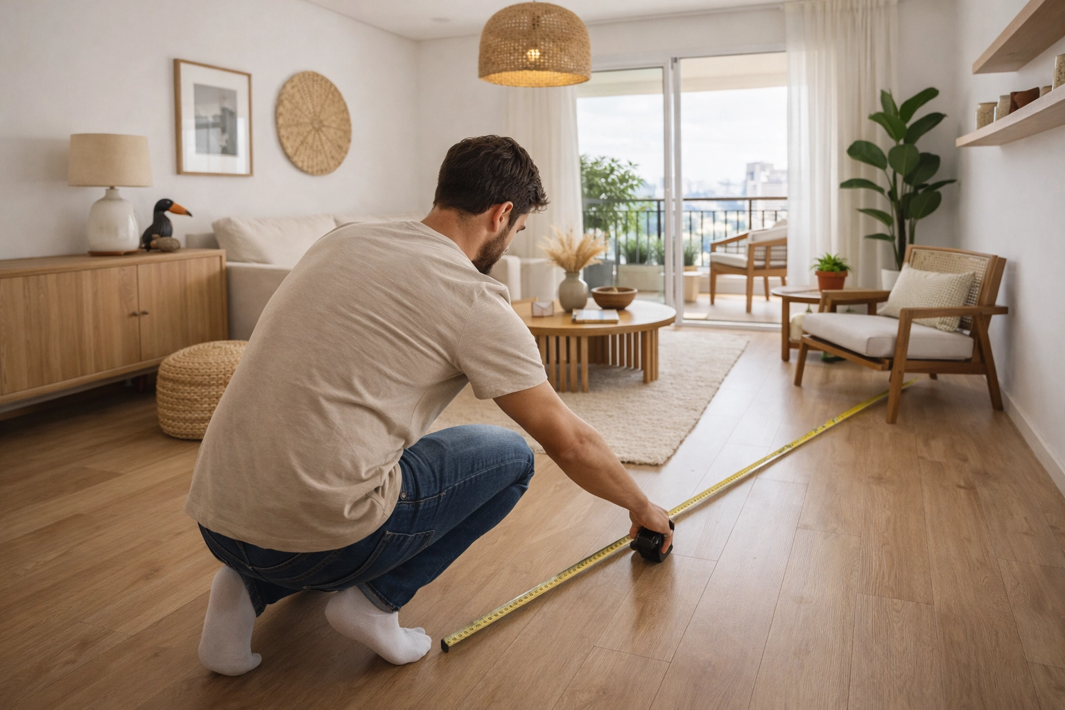 Pessoa medindo ambiente para calcular quantidade de piso laminado na Zona Oeste do Rio de Janeiro