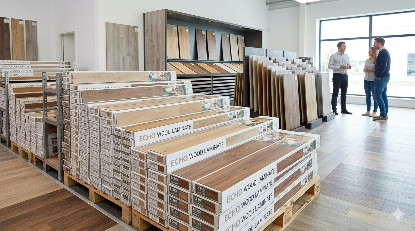 Caixas de piso laminado empilhadas na ELEAR Home em Campo Grande Zona Oeste RJ