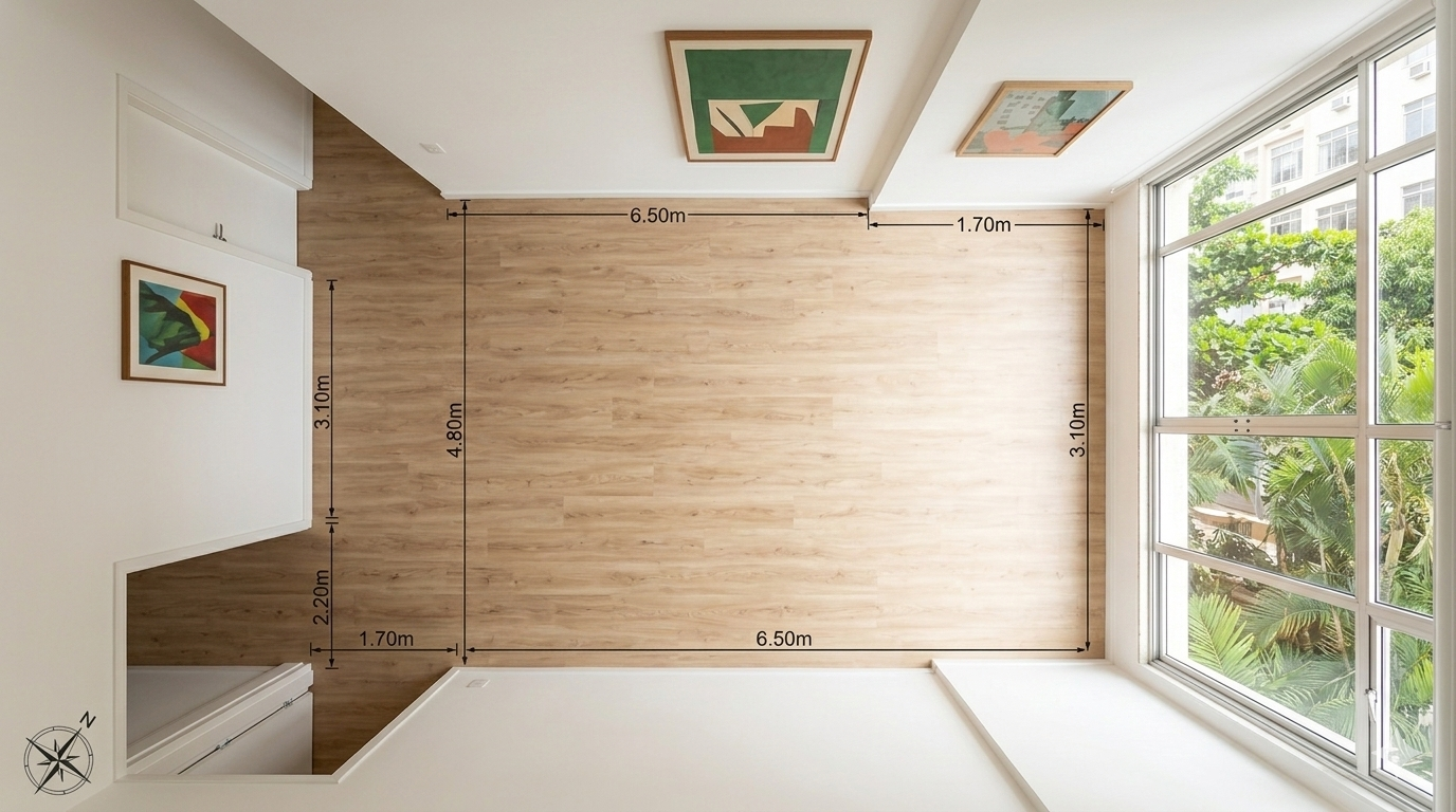 Vista superior de cômodo sendo medido para instalação de piso laminado em apartamento na Zona Oeste do RJ