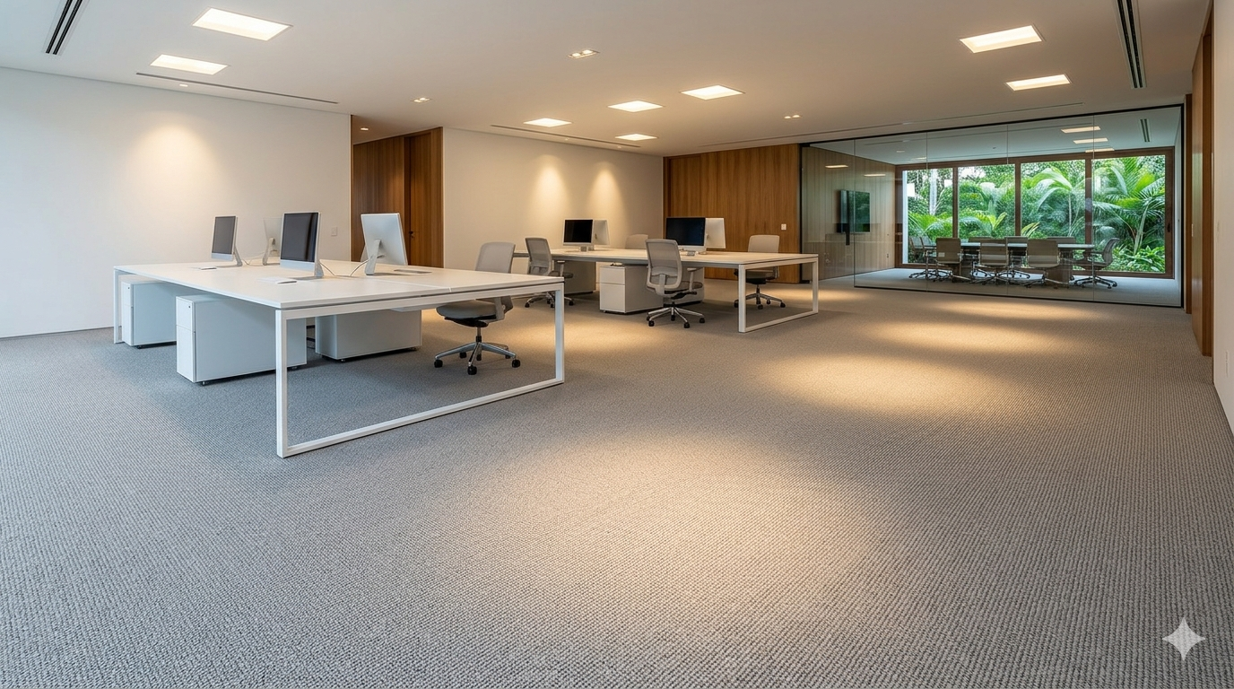 Carpete tufado sob medida Belgotex instalado em escritório corporativo no Rio de Janeiro