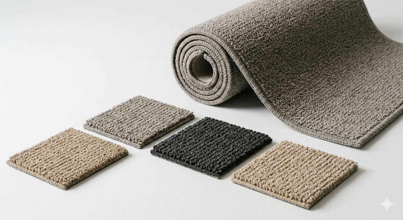 Rolo de carpete tufado Belgotex com amostras de cores e texturas disponíveis