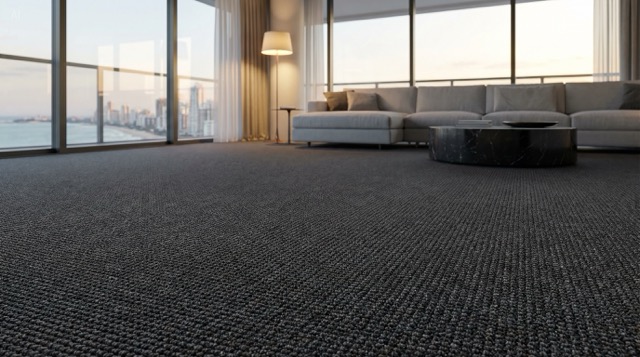 Carpete tufado sob medida Belgotex À La Carte instalado em sala de estar de alto padrão no Rio de Janeiro