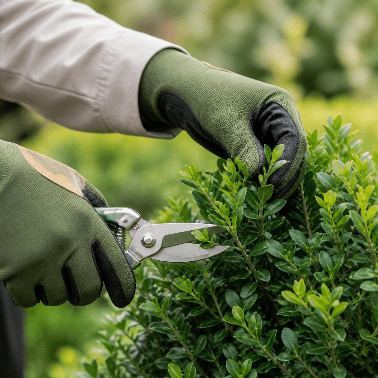 Mãos com luvas de jardinagem podando um arbusto com tesoura de poda