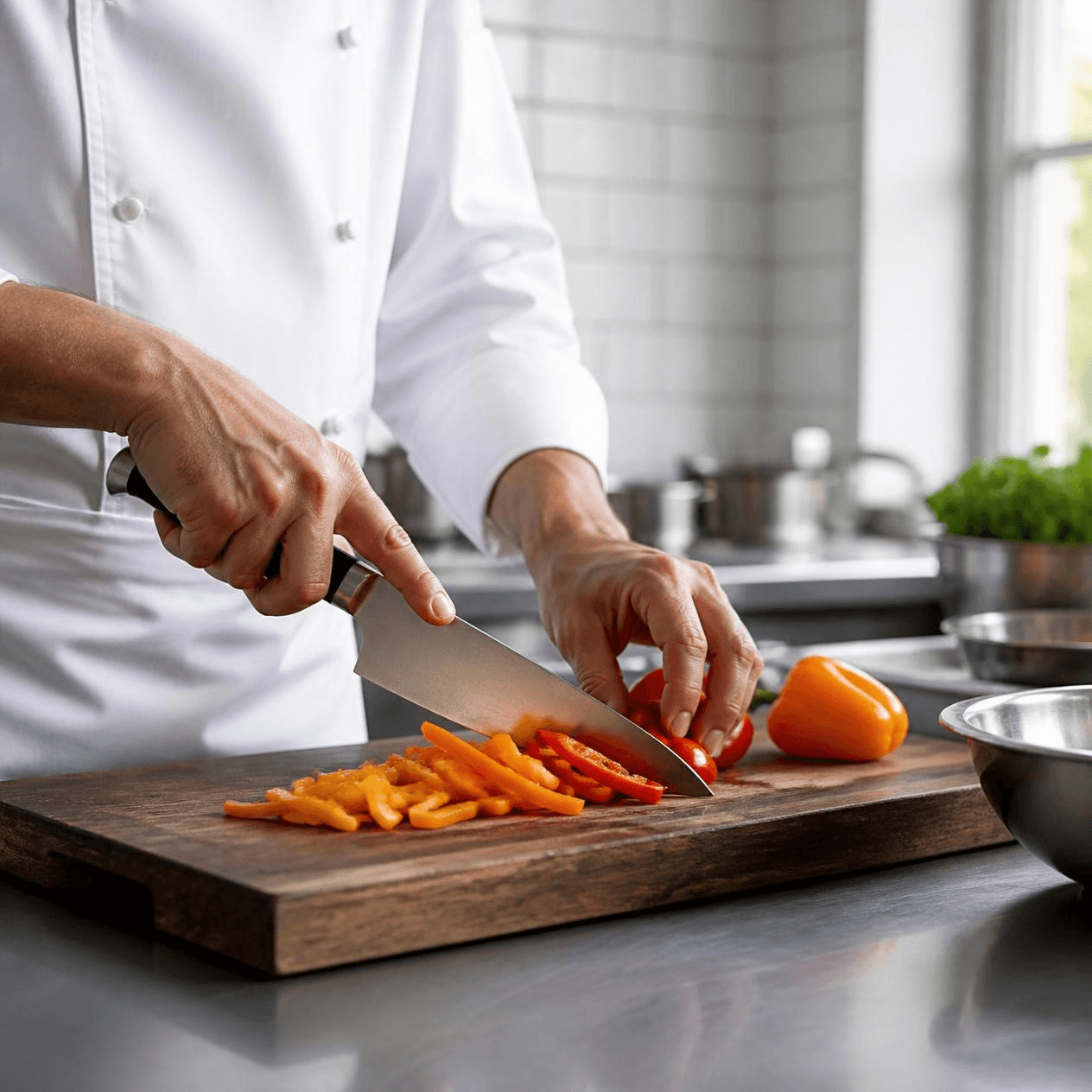 Mãos de cozinheiro cortando legumes com faca de chef numa tábua de madeira