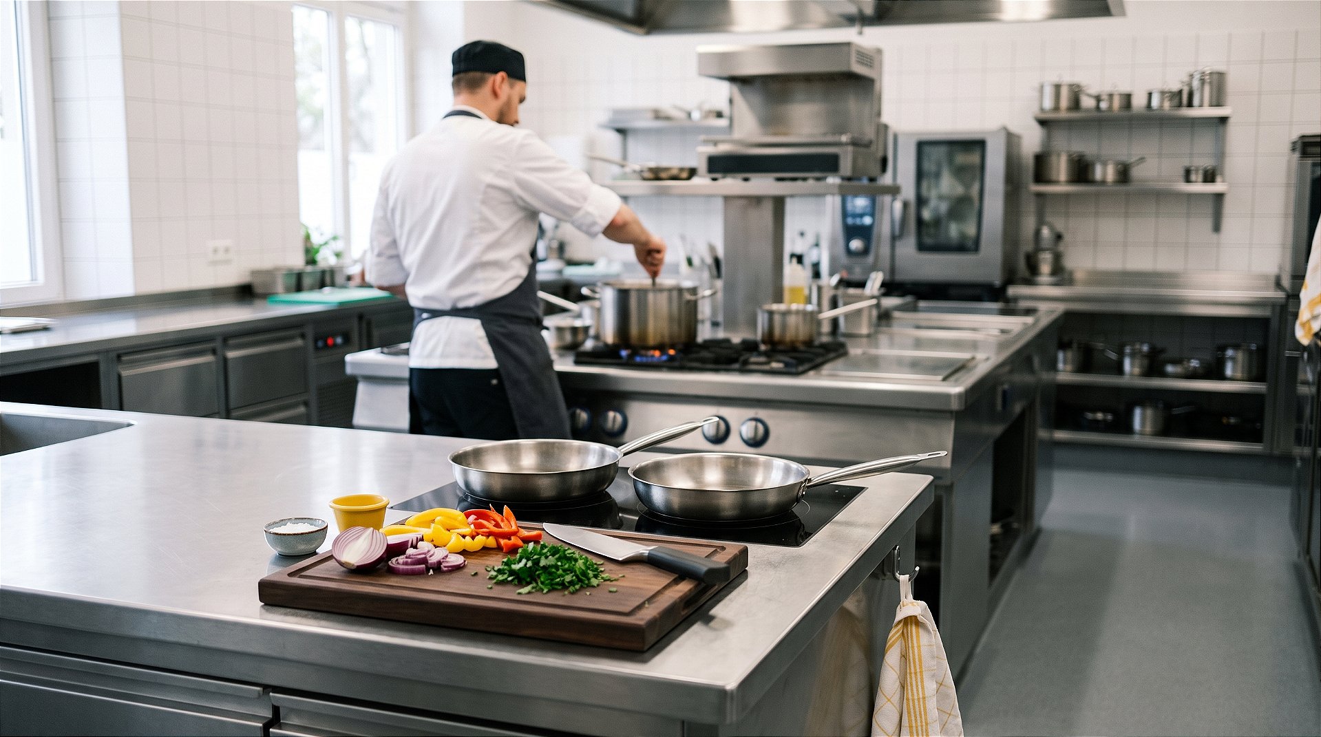 Cozinha profissional em inox com frigideiras no fogão, tábua com legumes cortados e faca de chef, e um cozinheiro trabalhando ao fundo
