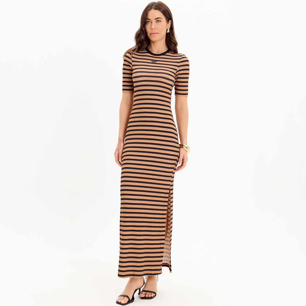 Vestido Super Midi Lança Perfume Friso In25 Marrom Feminino