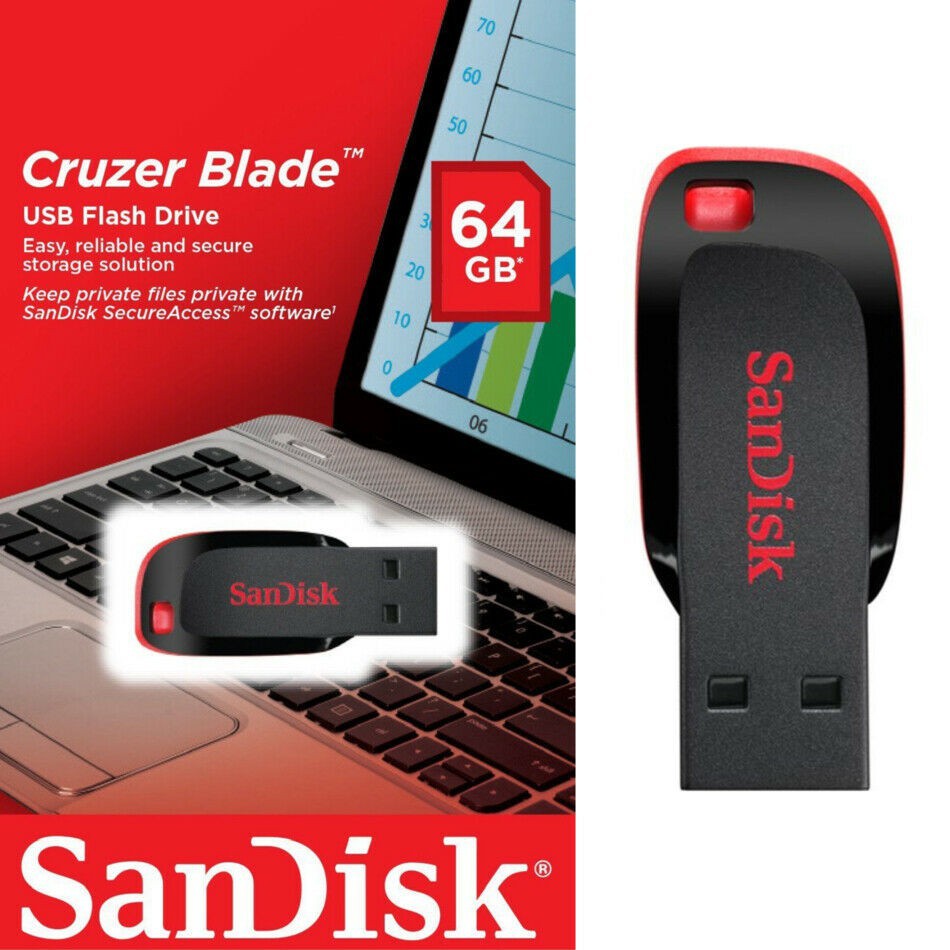 Pen Drive 64GB Sandisk Cruzer Blade, USB 2.0, Portátil - Crystal Informática