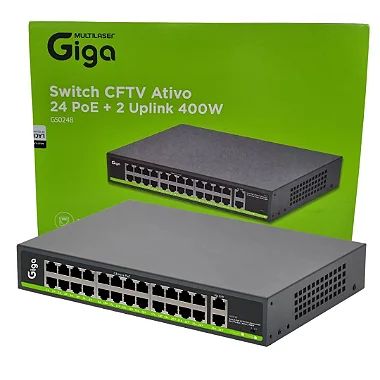 Switch 24 Portas PoE Ativo Giga 400W, 2 portas Uplink, GS0248