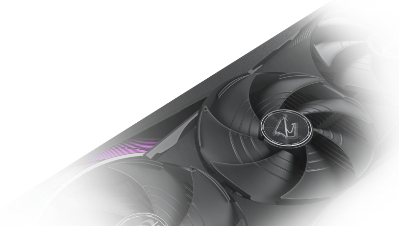 RTX 5070 Aorus Master — vista angulada com fans e logo AORUS