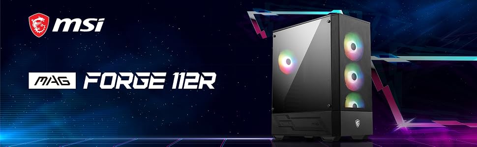 MSI MAG FORGE 112R Mid-Tower PC Case - Tempered Glass, ATX, Micro-ATX & Mini-ITX Capacity, Front Mesh Panel, 4 x 120mm ARGB fans with Hub Controller, Magnetic Dust Filter, USB 3.2 Gen