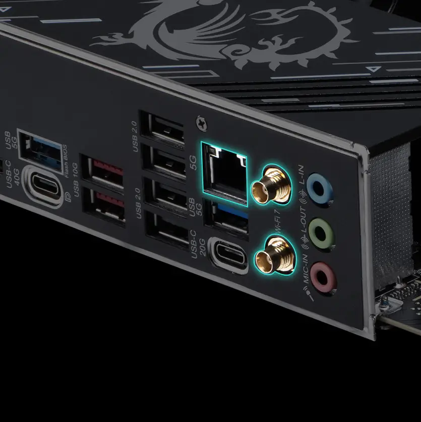 Conectividade Wi-Fi 7 e 5G LAN da MSI X870E Gaming Plus WiFi