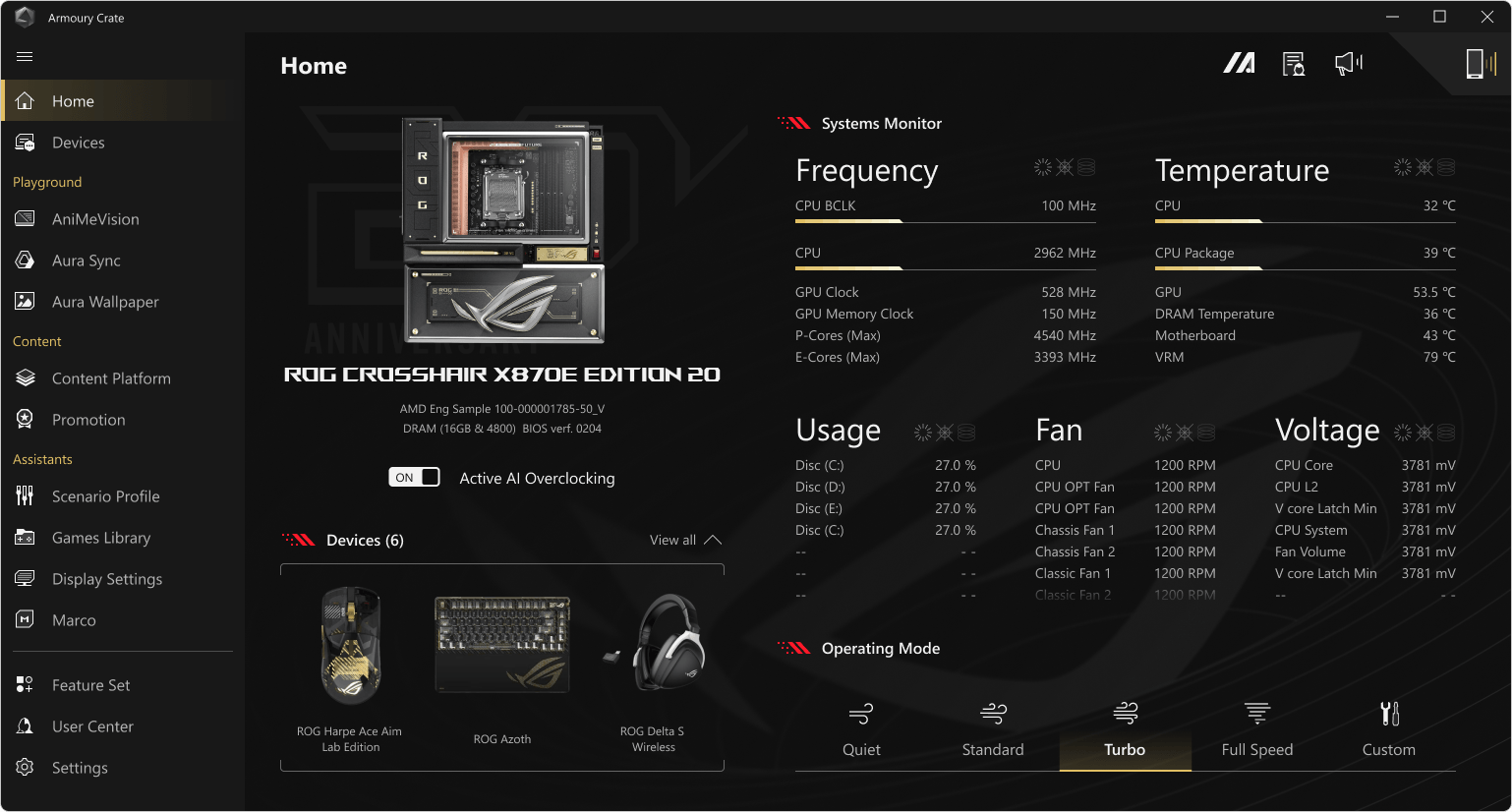 Armoury Crate — página inicial da placa-mãe com o tema ROG 20 anos