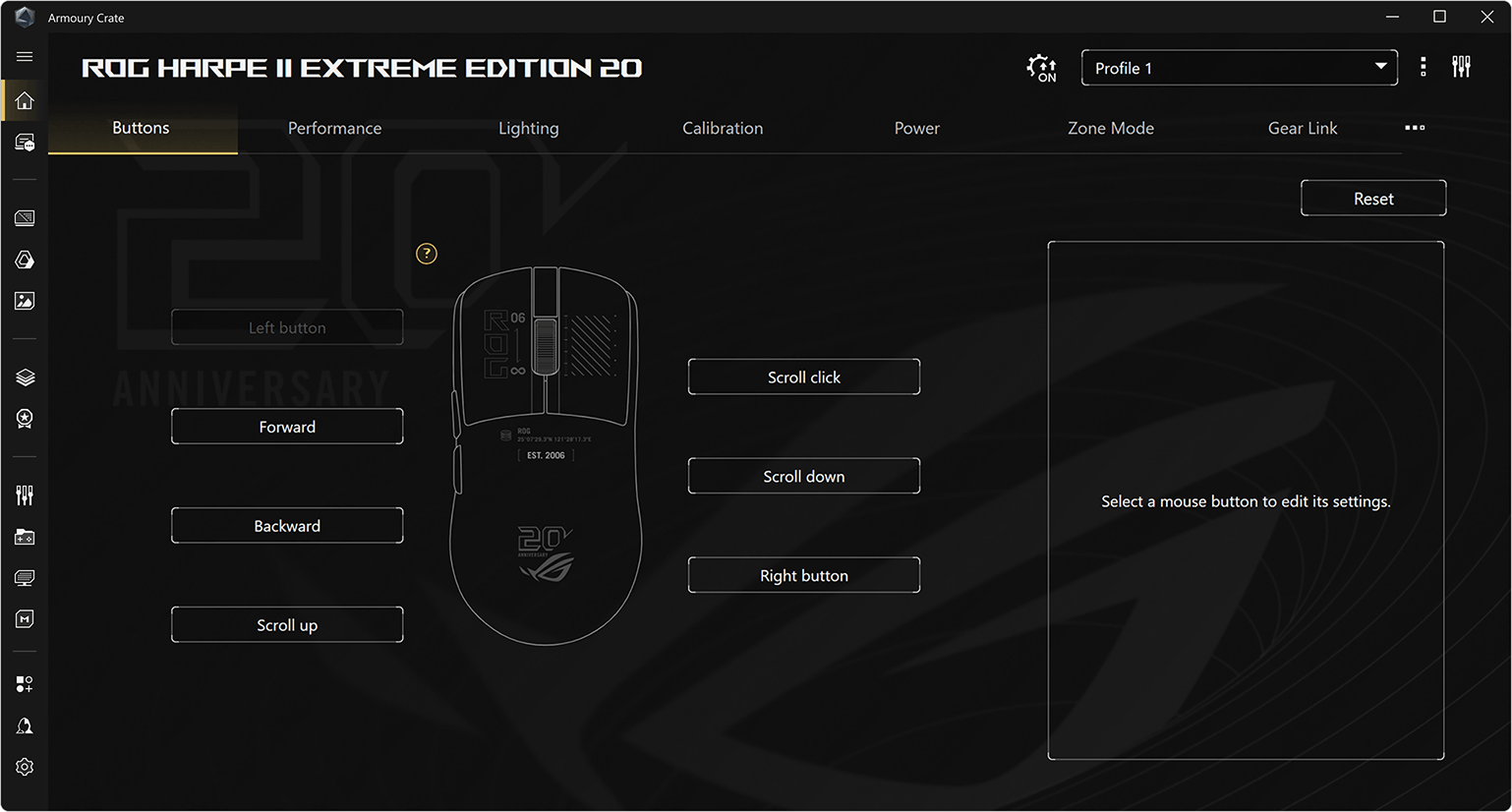 Armoury Crate — tela do mouse com o tema ROG 20 anos