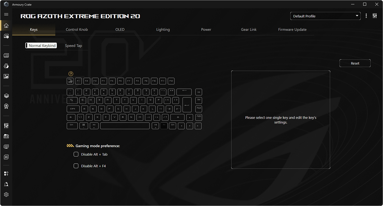 Armoury Crate — tela do teclado com o tema ROG 20 anos