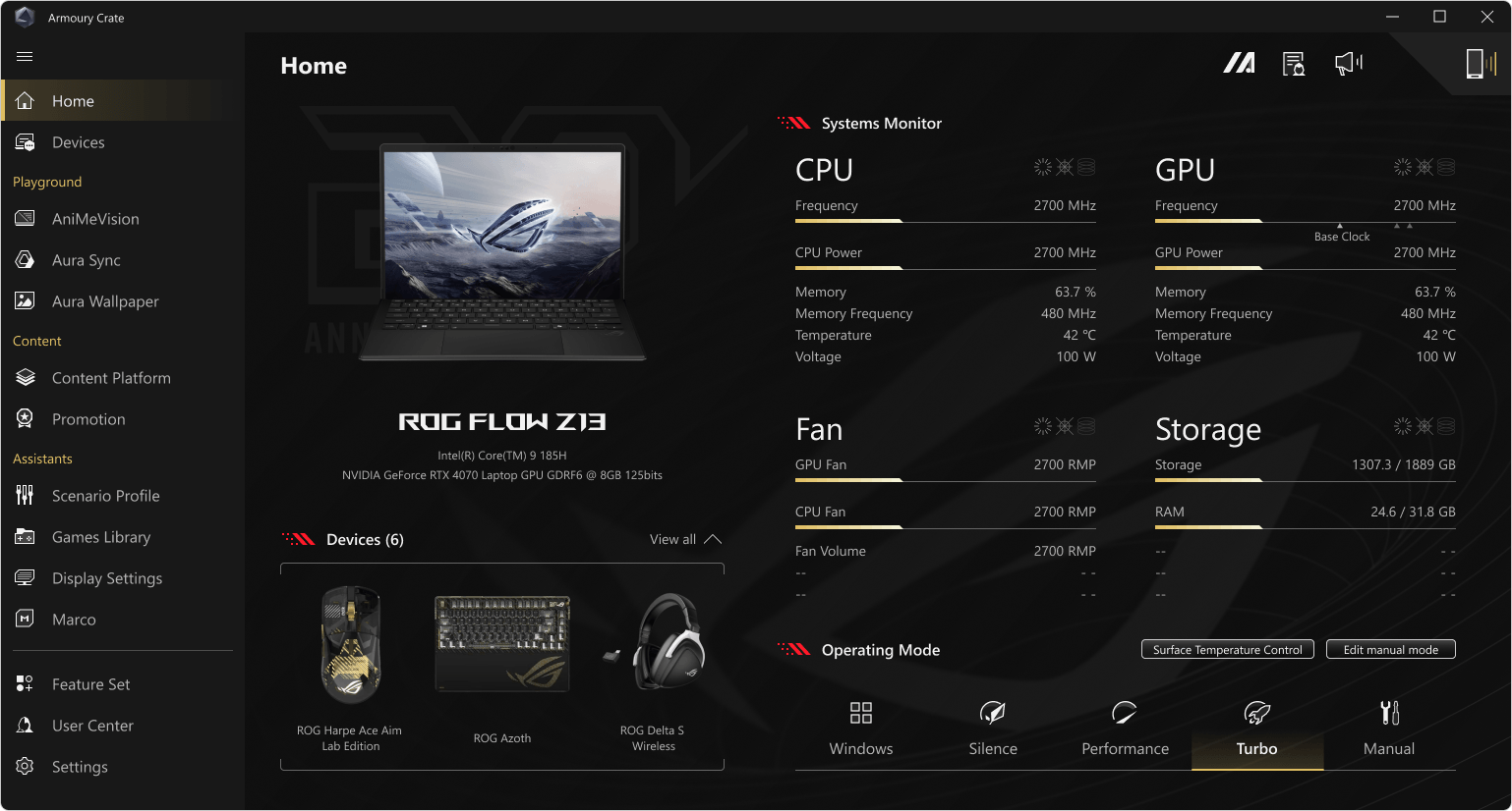 Armoury Crate — página inicial do notebook com o tema ROG 20 anos