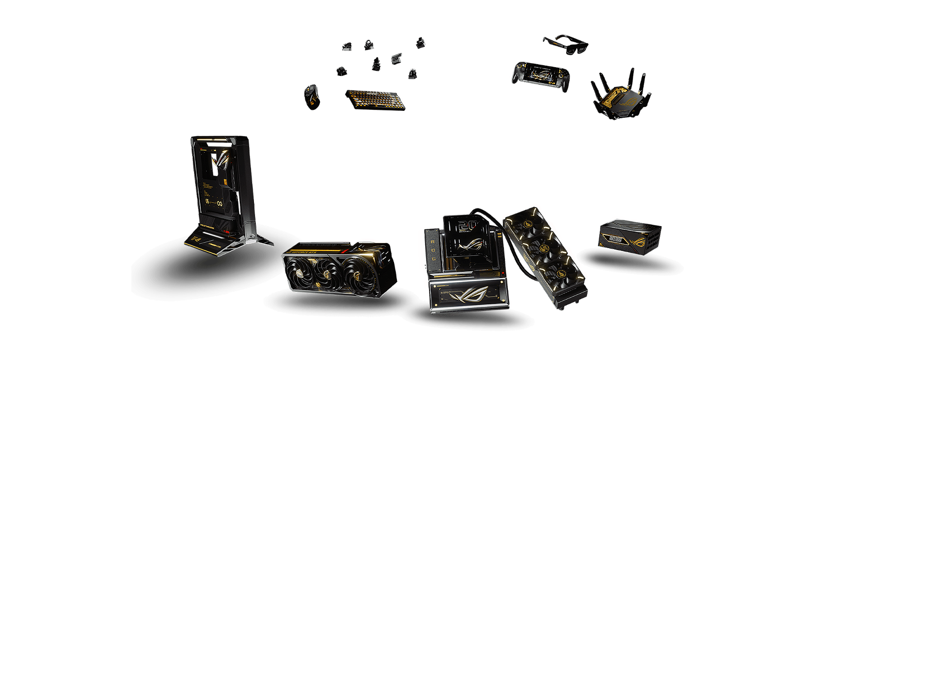 A linha ROG Edition 20 disposta em anel, em preto e dourado