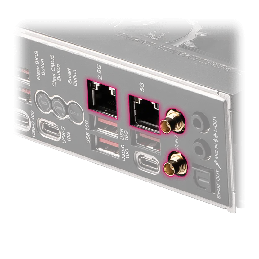 Conectividade Wi-Fi 7 e LAN dupla da MSI MPG X870E Carbon WiFi