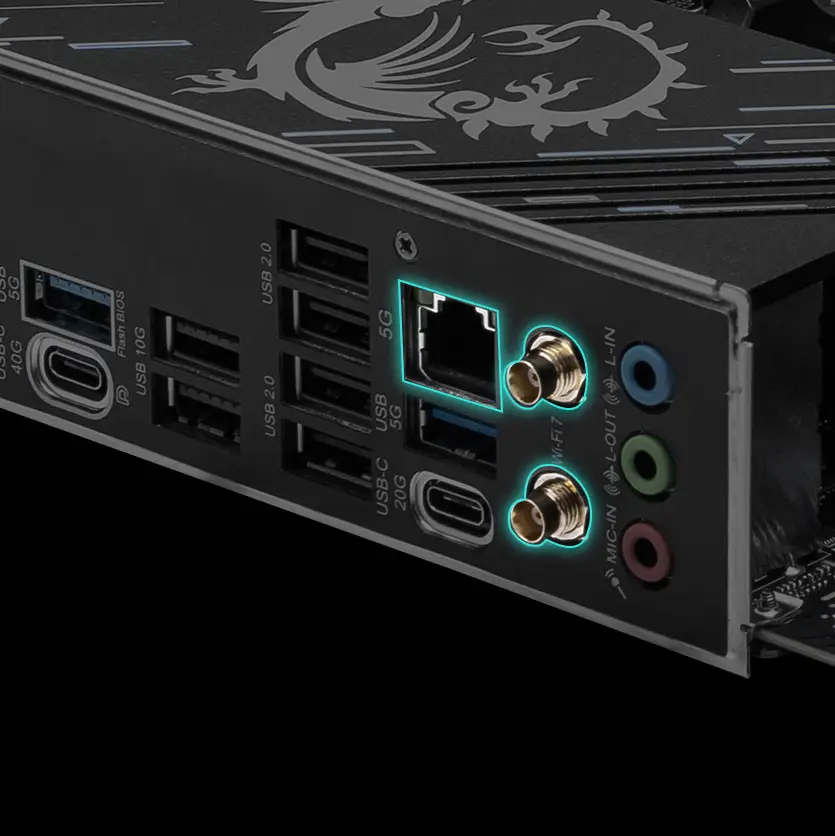 Conectividade Wi-Fi 7 e 5G LAN da MSI X870 Gaming Plus WiFi
