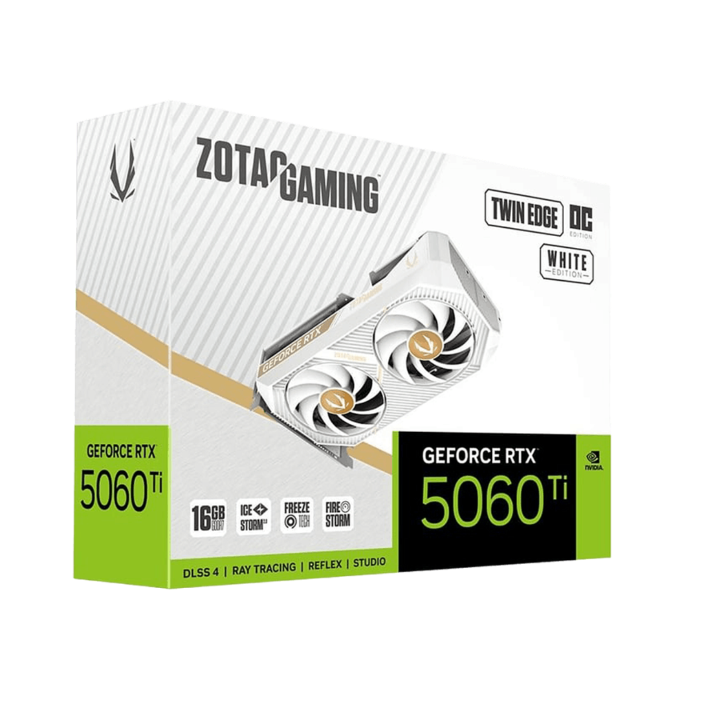 Embalagem oficial da ZOTAC RTX 5060 Ti Twin Edge OC White Edition