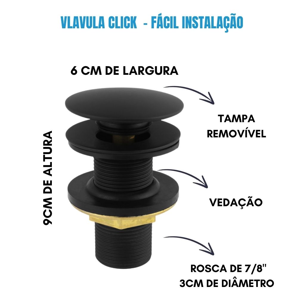 Válvula Click Preta imagem destacando medidas e beneficios do produto