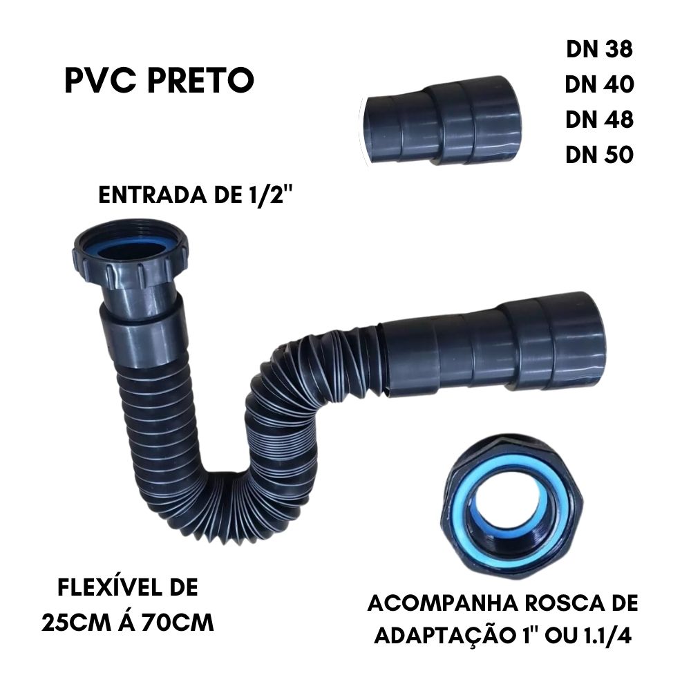 Sifão imagem destaca compatibilidade universal com todo tipo de pia e encanamento