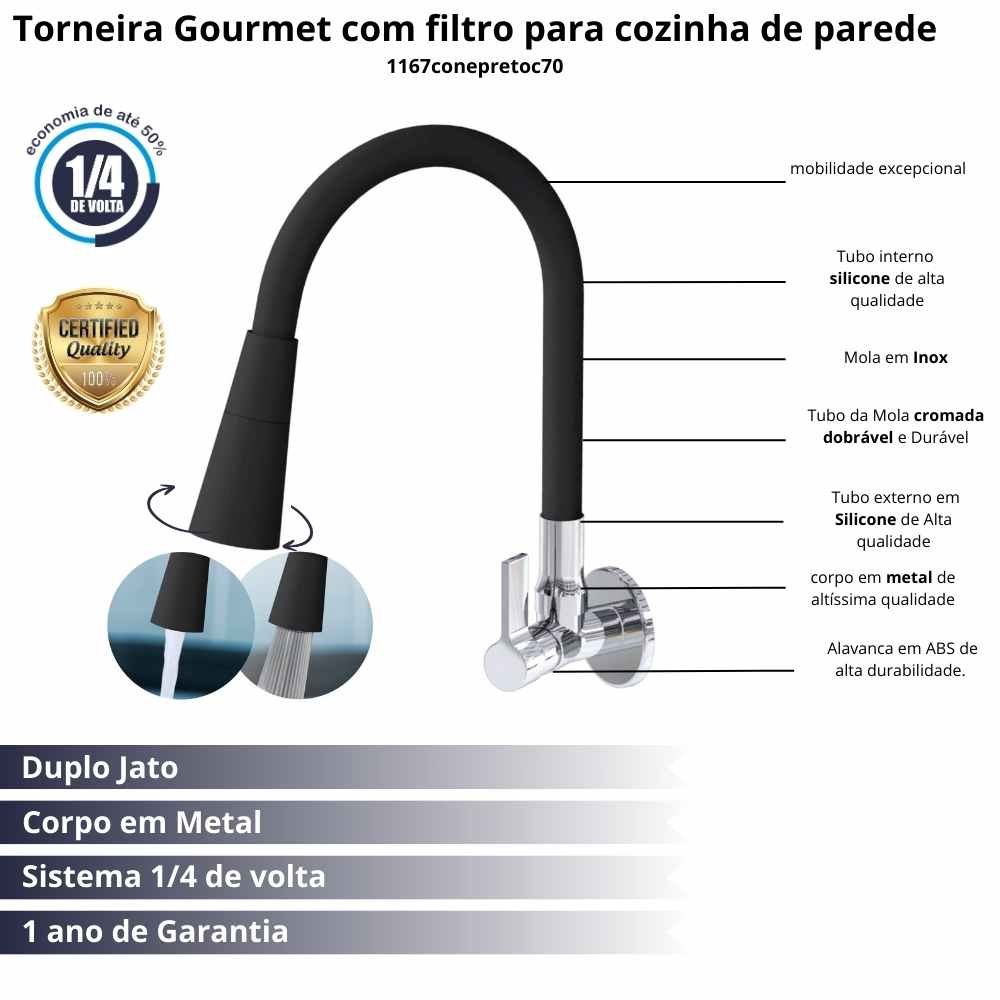 Vista frontal da Torneira Flexível Preta Gourmet e seus beneficios