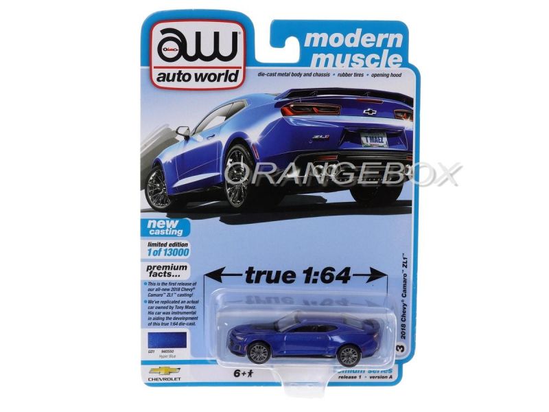Chevy Camaro ZL1 2018 1:64 Autoworld Modern Muscle Azul - 20 anos
