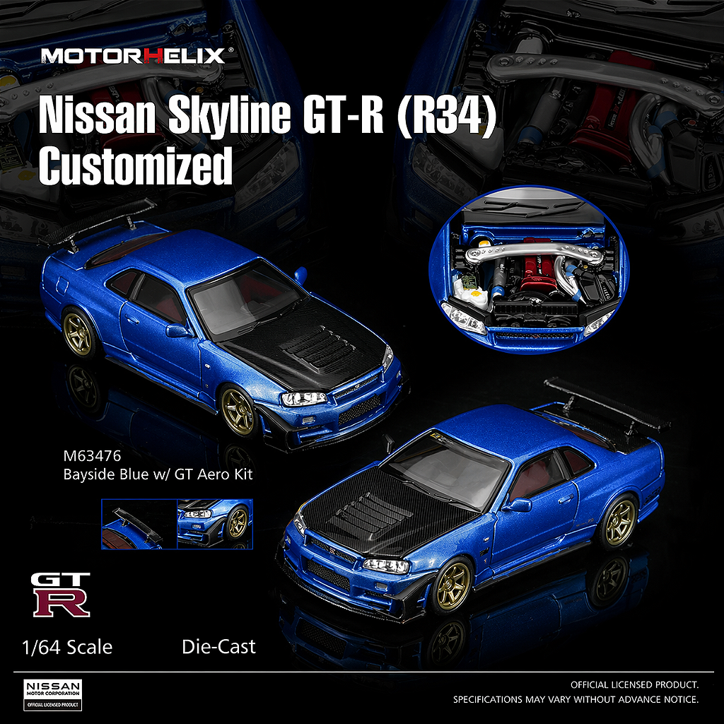 Nissan Skyline GT-R (R34) 1:64 MOTORHELIX Azul - 20 anos! Loja on