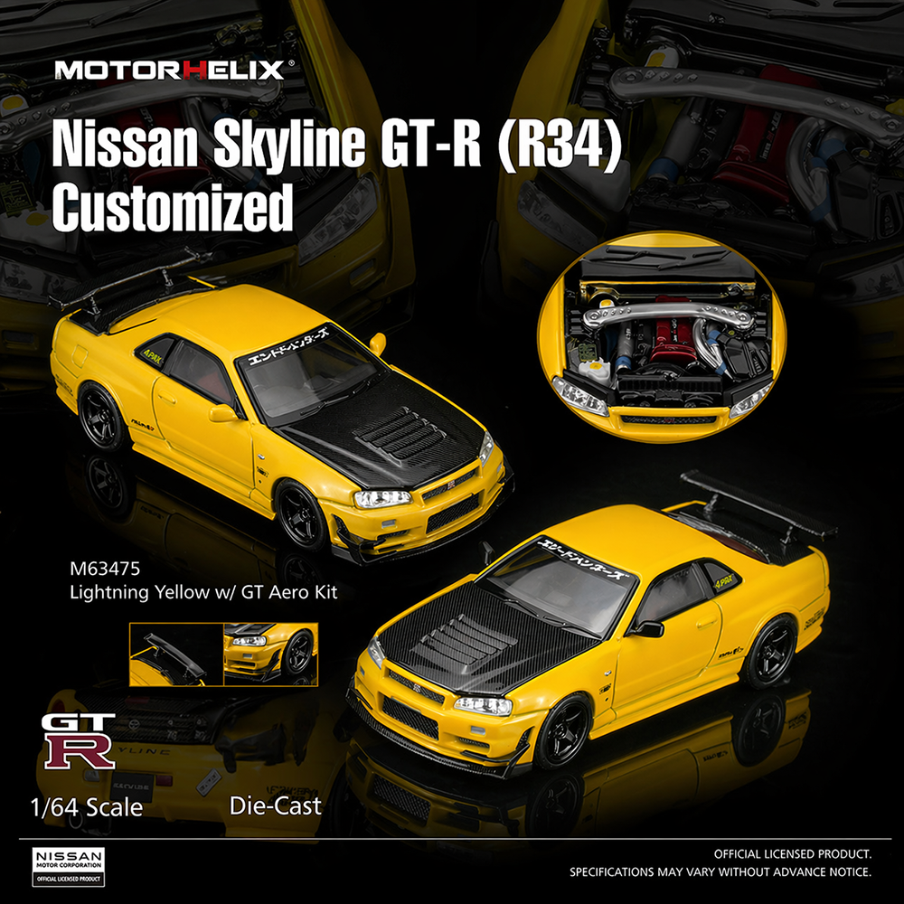 Nissan Skyline GT-R (R34) 1:64 MOTORHELIX Amarelo - 20 anos! Loja