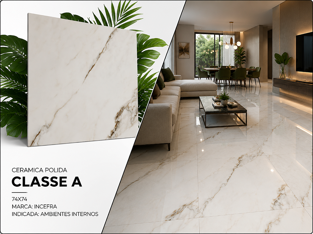 Piso Cerâmico Polido Classe A 74x74 Incefra Interno - Casa Comab
