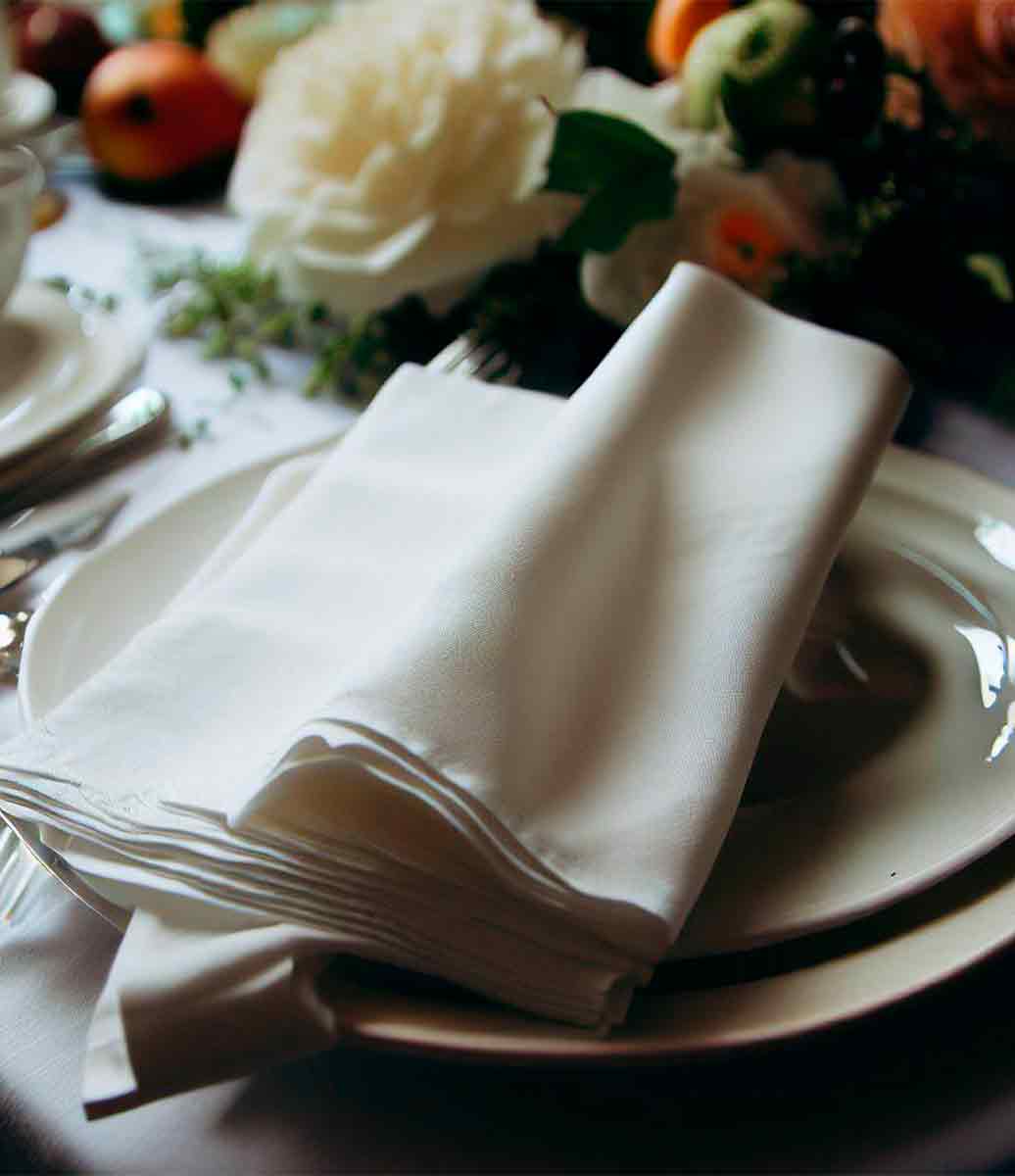Guardanapos de Tecido Branco de Algodão em uma Mesa Decorada Branca para Eventos
